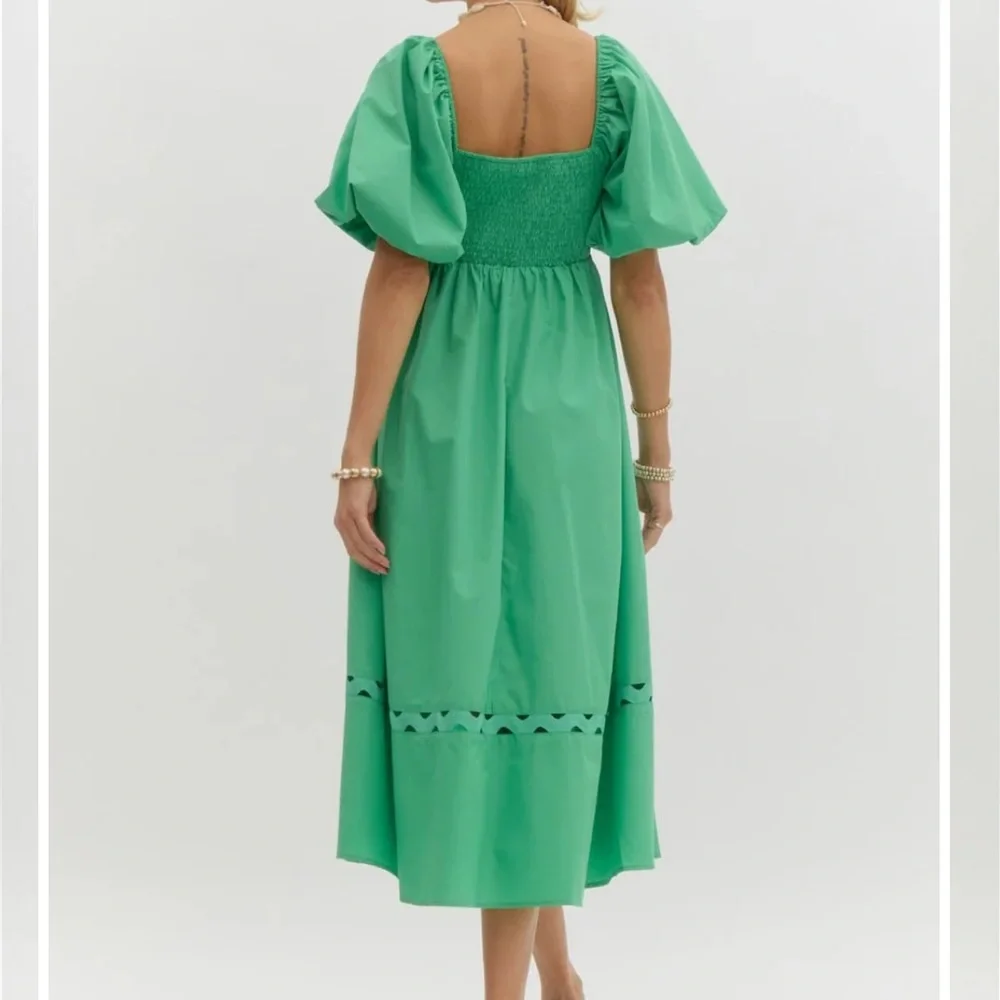 Stunning NWOT entro Green Puff-Sleeve Square Neck Dress - Picture 2 of 10